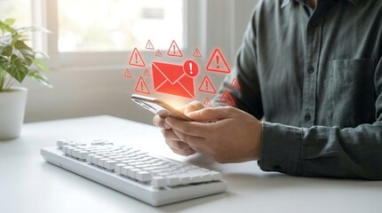 a man is looking at his phone with multiple notification icons appearing above the device suggesting a potential cybersecurity threat or error high quality