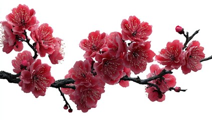 A detailed close-up of delicate, vibrant pink blossoms on a branch, set against a plain white background.