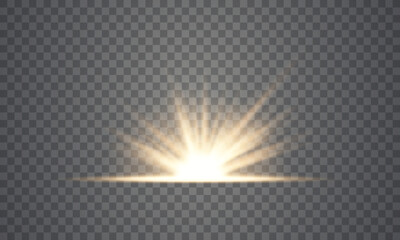 Bright golden lens flare with radiant sunburst rays and soft glowing orbs on a transparent background, PNG, sunlight shines warm, cinematic light effect. Flash of light, sun, twinkle overlays.