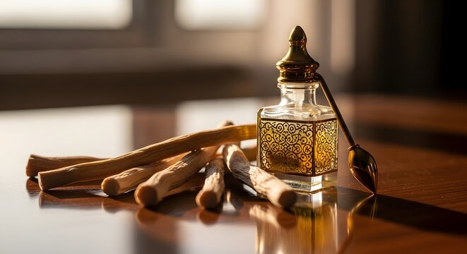 Traditional Aromatic Oil Bottle and Miswak Sticks on Wooden Surface with Soft Light