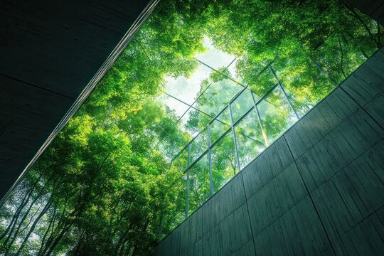 sunlit treetop canopy seen through a rectangular skylight and metal grid glass in a raw concrete interior, a serene uplifting view of nature framed by modern architecture