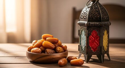 Traditional ornate lantern and a bowl of sweet dates on a wooden table, bathed in warm light for Ramadan Iftar celebration.