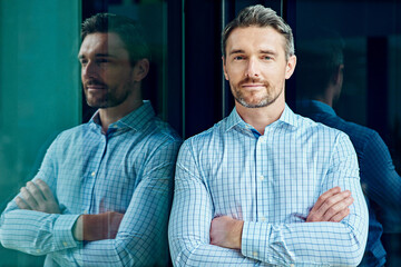 Arms crossed, portrait and pride with business man at office as private equity advisor, professional and reflection. About us, confidence and investment banker with person in financial firm as broker