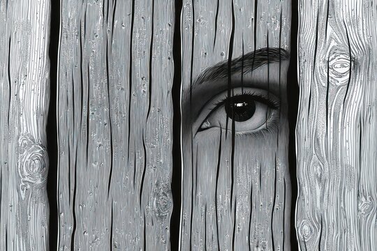 Single eye peering through a narrow gap in weathered wooden planks, a watchful curious gaze amid textured slats conveying mystery and quiet tension