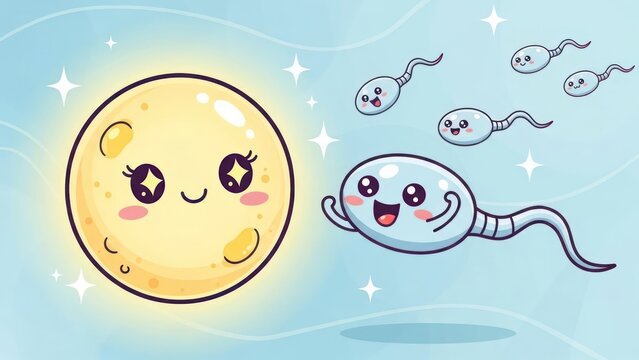 Charming illustration of an ovum and sperm cells with cute cartoon expressions in a light blue