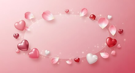heart shaped balloons and petals in a circle on pink background for valentines day
