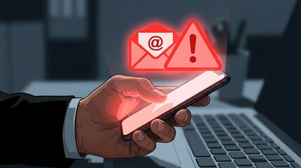 A digital illustration depicts a hand holding a smartphone displaying a warning sign highlighting the dangers of phishing and cybersecurity threats online high quality