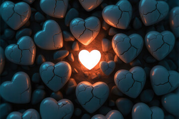 Illuminated heart among cracked hearts