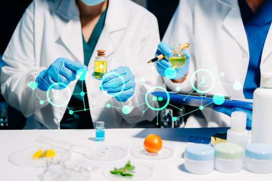 cientific skincare research with cosmetic serum, cream and natural oil extraction in laboratory.