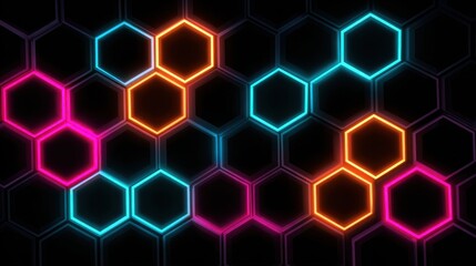 Abstract Hexagonal Grid With Glowing Neon Lines In Pink Blue And Orange On A Black Background