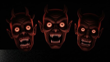Terrifying trinity of horned demon faces glaring out from the darkness menacing