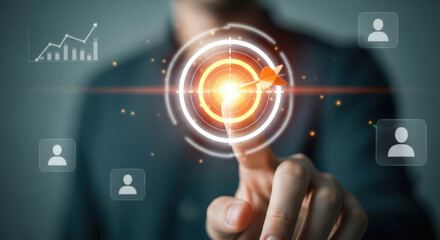 Future Target Achievement Touching Interface Business Strategy Concept Finger Pointing Bullseye with Surrounding Business Icons Innovation Technology