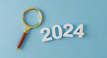 Future Trend Exploration Magnifying Glass Examining Year 2024 Forecasting Opportunities and Challenges on Light Blue Background