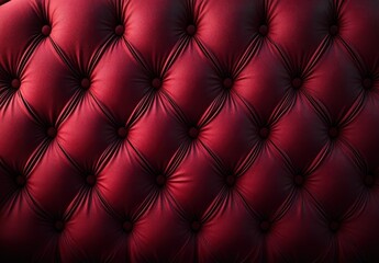 Fototapeta premium Close-up of deep red tufted leather upholstery with buttoned diamond pattern, plush folds and moody lighting conveying luxurious cozy elegance