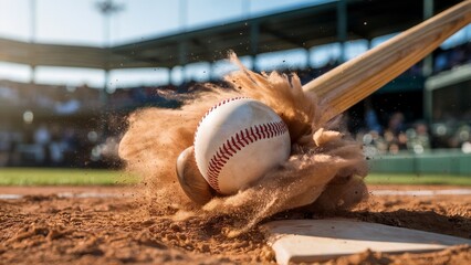 Baseball Bat Hitting Ball with Dust Cloud