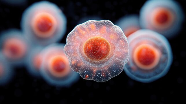 glowing translucent spherical cells with bright orange nuclei floating in dark space, ethereal and mysterious wonder