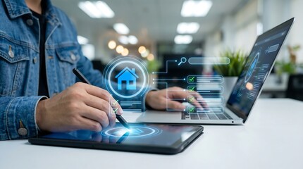 a person is interacting with a digital tablet and laptop seemingly engaged in smart home technology or real estate application design and development