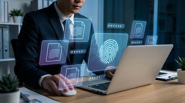 a professional man in a suit is working on a laptop surrounded by digital data and security elements like fingerprints and document icons - Powered by Adobe