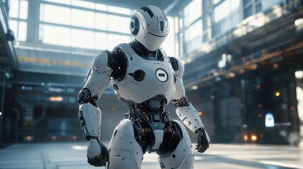 sleek white humanoid robot standing confidently in a sunlit industrial hangar with high windows and metal catwalks, futuristic calm and powerful presence