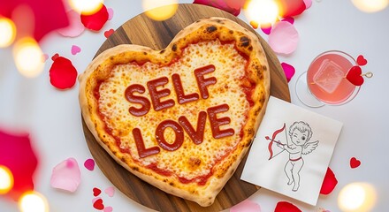 heart shaped pizza with self love message on wooden plate with cupid drawing and pink drink