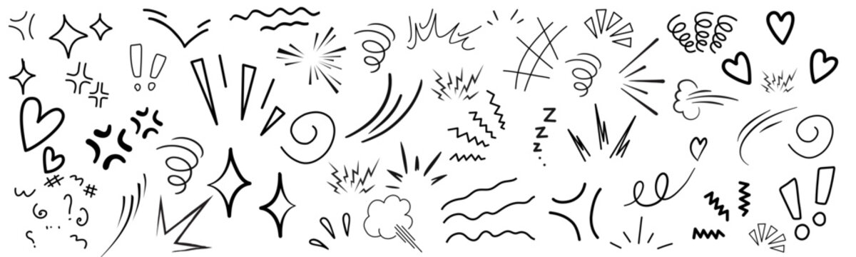 Hand drawn cute doodle line icon set. Line movement effect element, cartoon emotion effect decoration icon.  Vector illustration.