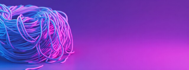 Abstract tangled wires in vibrant neon blue and pink light against a gradient purple background