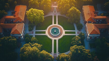 aerial view of a symmetrical courtyard with central circular fountain, cross-shaped pathways, green lawns, tree canopy and red-tiled roof buildings in warm golden light, peaceful mood