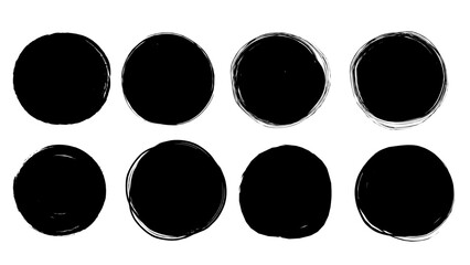 Round black color paint shape sets. Grunge circular rough brush badge background elements. Vector illustration
