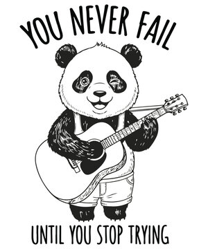 You never fail until you stop trying T-shirt design vector, Funny Panda Lover, guitar panda shirt, old Panda humor shirt for printing, introvert, funny, quote, sarcastic, cute, kawaii, minimalist,