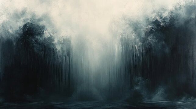 Towering mist and cascading dark water meeting a reflective stormy sea under a brooding cloudy sky, evoking mystery and melancholy