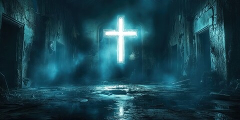 Eerie abandoned hall with a large glowing cross-shaped window, blue mist and reflective puddled floor, cracked peeling walls and shadowy doorways evoking haunting solemnity
