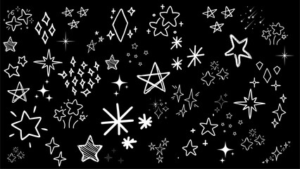 Hand drawn star spark doodle element icon set. Hand drawn sketch doodle style. Star shape twinkle glitter spark shine crayon grunge brush line icons.  vector illustration