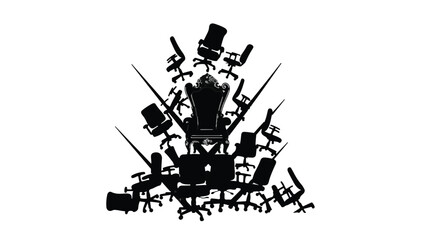 A powerful throne surrounded by many office chairs, symbolizing leadership and competition.