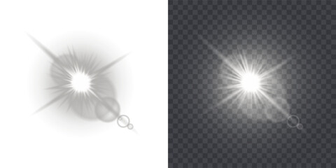 Bright white lens flare with radiant sunburst rays and soft glowing orbs on a transparent background, PNG, sunlight shines warm, cinematic light effect. Flash of light, sun, twinkle overlays.