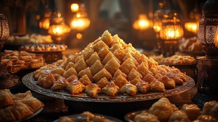 pyramid of golden baklava on an ornate metal platter surrounded by plates of pastries and glowing lanterns, warm inviting and festive atmosphere