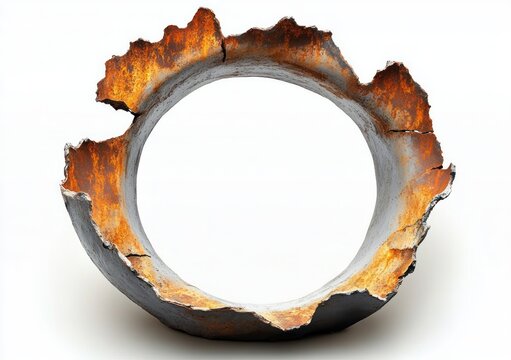 jagged rusted circular metal ring with eroded flaking edges on white background conveying dramatic weathered decay and industrial solitude