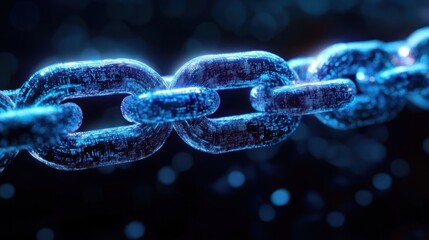 close-up glowing blue metal chain links with digital code texture on a dark bokeh background, evoking futuristic strength and secure connection