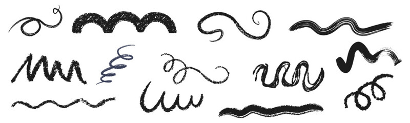 Hand drawn black ink brush paint stroke swish, swoosh wave doodles. Grunge texture abstract line. brush strokes swirl, line curve, calligraphy paint spiral elements. Vector illustration 
