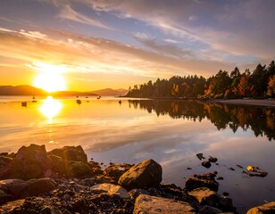 Scenic golden sunset over still waters reflects the sky
