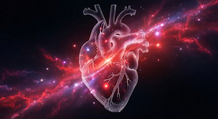 Human heart with glowing red light and nebula in space