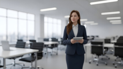 Professional individual confidently reviews data on a digital tablet within a bright, open-plan modern office environment.