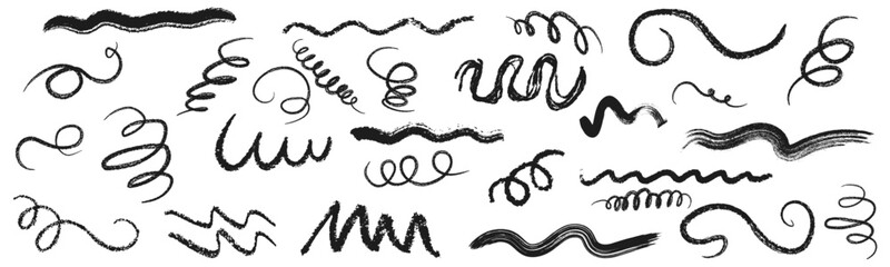Hand drawn black ink brush paint stroke swish, swoosh wave doodles. Grunge texture abstract line. Vector illustration 