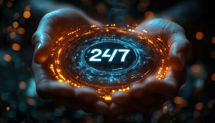hands holding a glowing futuristic circular digital interface displaying twenty four seven with blue and orange lights, evoking constant availability and trusted reliability