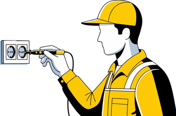 Professional electrician wearing a hard hat meticulously testing an electrical wall socket connection with a specialized screwdriver tool in a dark setting