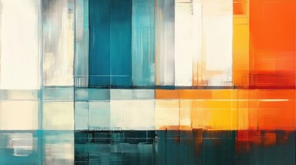 abstract geometric painting of overlapping teal and orange rectangular panels with layered grid, reflective bands and a calm yet energetic mood