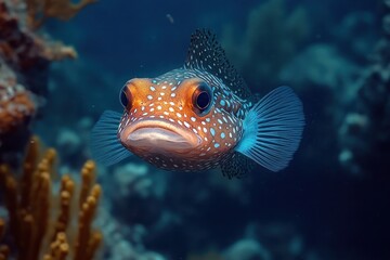 Curious orange and blue spotted reef fish with translucent fins swimming toward camera above coral in calm turquoise water, inquisitive expression