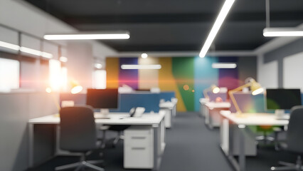 Bright and modern open plan office space with colorful wall and computer workstations during daytime.