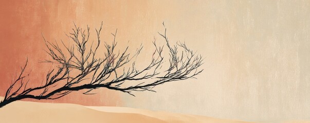 Bare Tree Silhouette Against Warm Gradient Sky and Sandy Ground