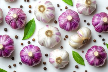 top-down arrangement of purple-striped garlic bulbs with scattered peppercorns and green leaves on a white surface, fresh and vibrant culinary still life