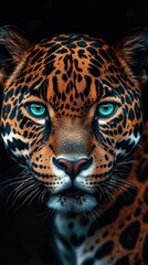 Obraz premium Close-up of a spotted big cat head and shoulders with rosette fur, visible ears and whiskers emerging from a dark background in a dramatic, mysterious, powerful mood